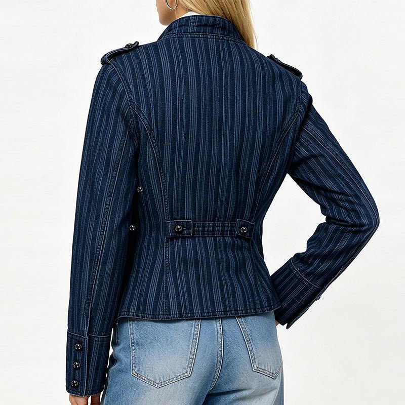 Military-Inspired Double-Breasted Denim Jacket - Taydiane