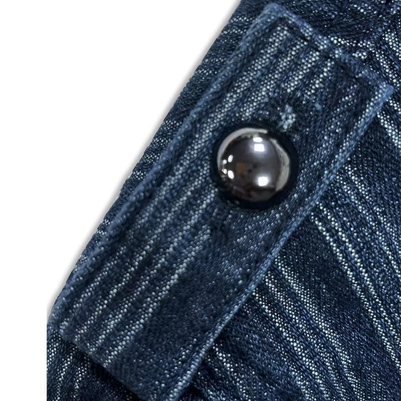Military-Inspired Double-Breasted Denim Jacket - Taydiane
