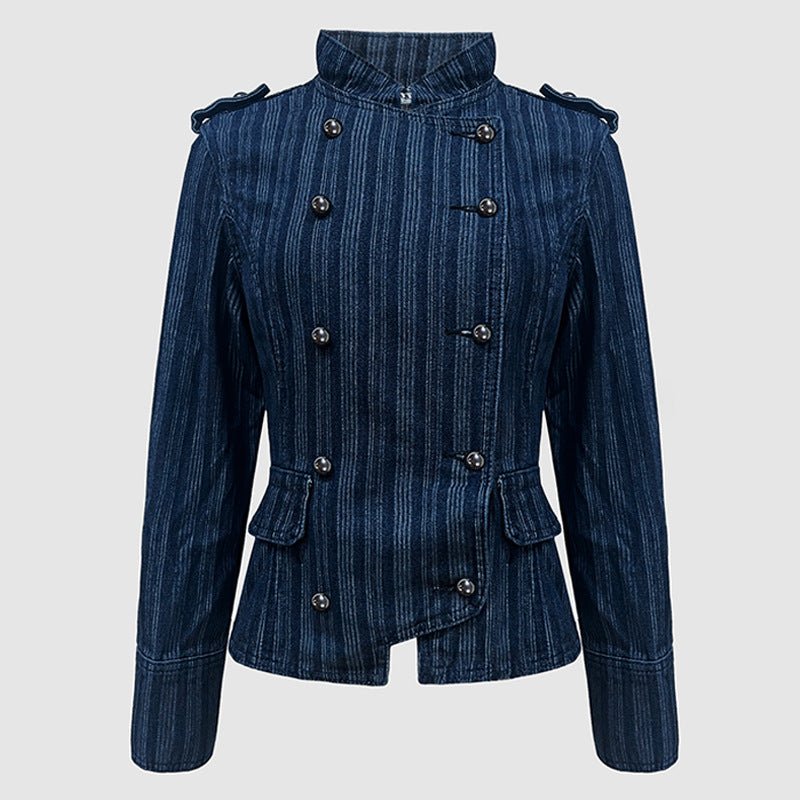 Military-Inspired Double-Breasted Denim Jacket - Taydiane