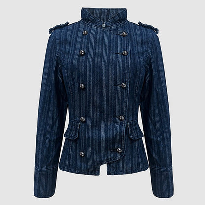 Military-Inspired Double-Breasted Denim Jacket - Taydiane
