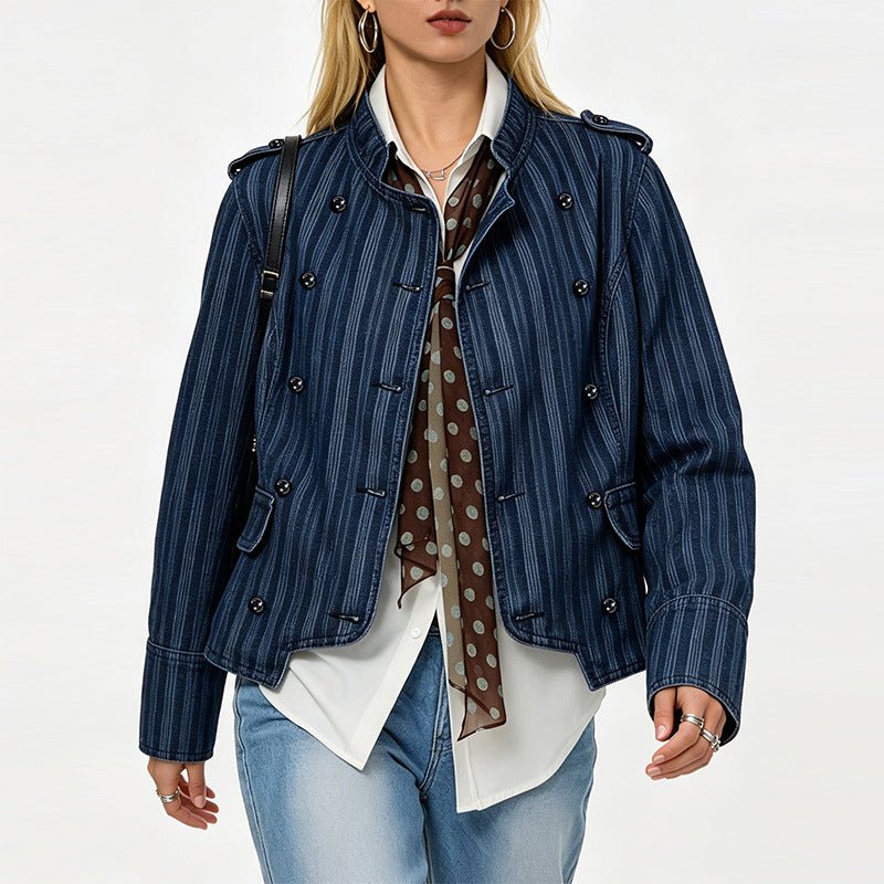 Military-Inspired Double-Breasted Denim Jacket - Taydiane
