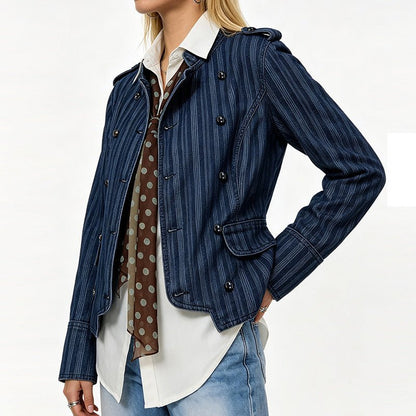 Military-Inspired Double-Breasted Denim Jacket - Taydiane