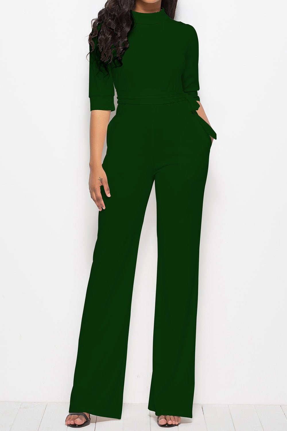 Mock Neck Tie - Waist Half Sleeve Jumpsuit - TayDiane