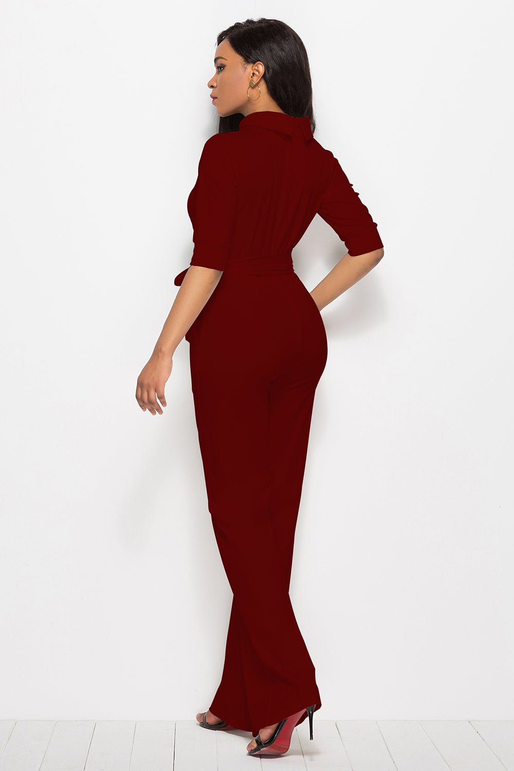 Mock Neck Tie - Waist Half Sleeve Jumpsuit - TayDiane