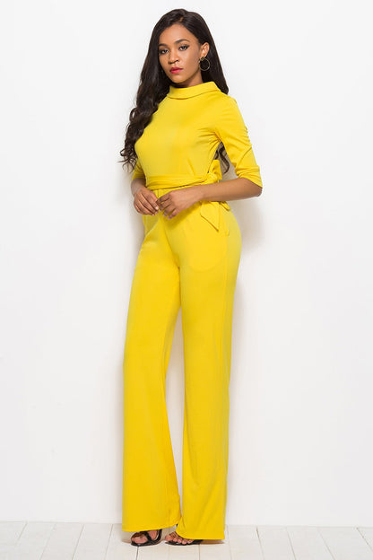 Mock Neck Tie - Waist Half Sleeve Jumpsuit - TayDiane