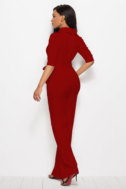 Mock Neck Tie - Waist Half Sleeve Jumpsuit - TayDiane