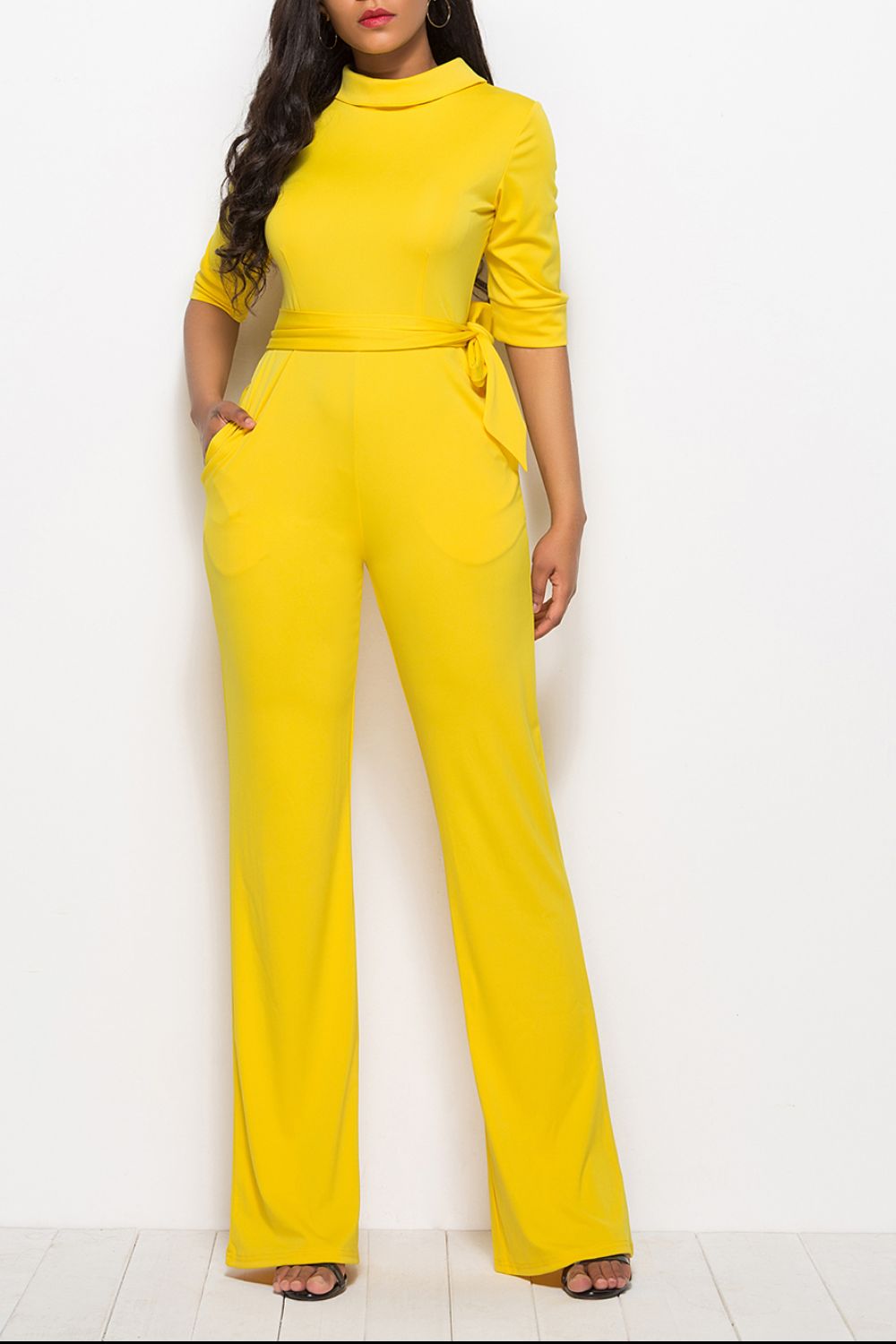 Mock Neck Tie - Waist Half Sleeve Jumpsuit - TayDiane