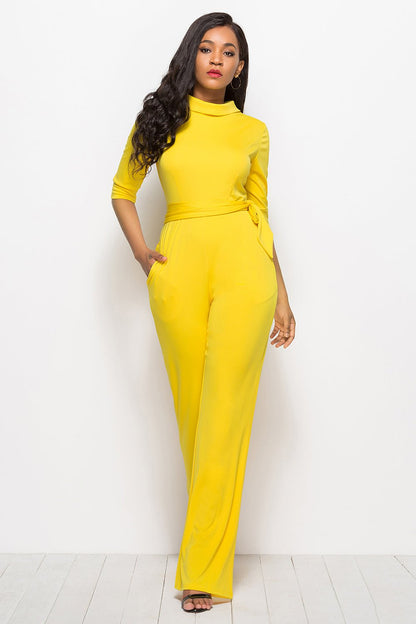 Mock Neck Tie - Waist Half Sleeve Jumpsuit - TayDiane