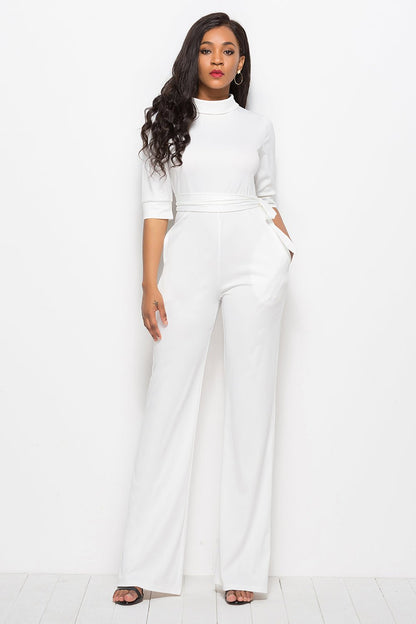 Mock Neck Tie - Waist Half Sleeve Jumpsuit - TayDiane