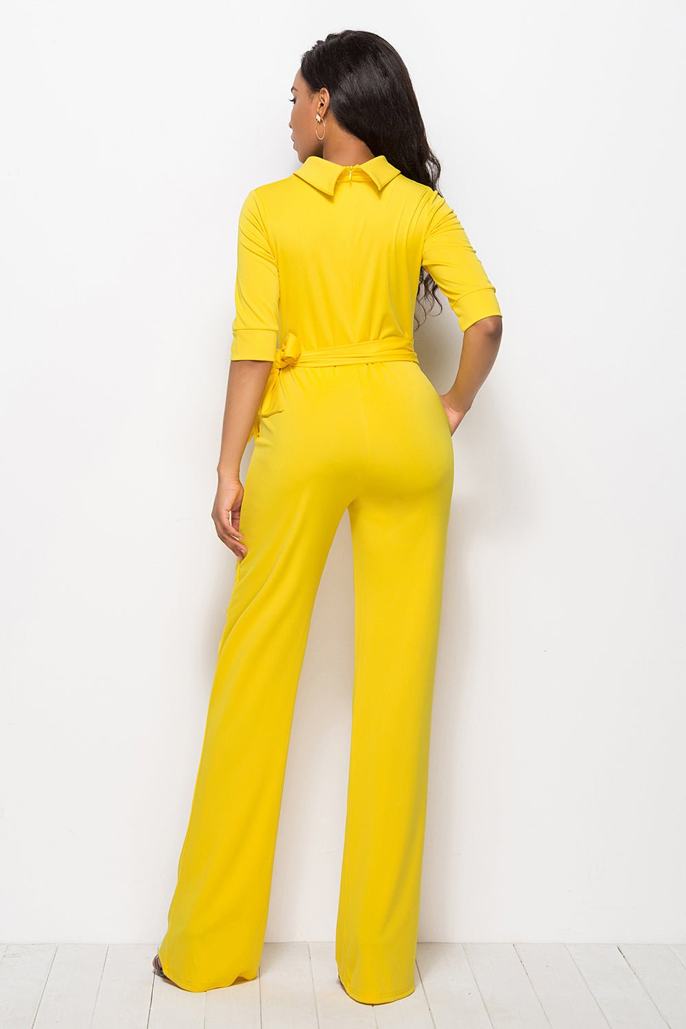 Mock Neck Tie - Waist Half Sleeve Jumpsuit - TayDiane