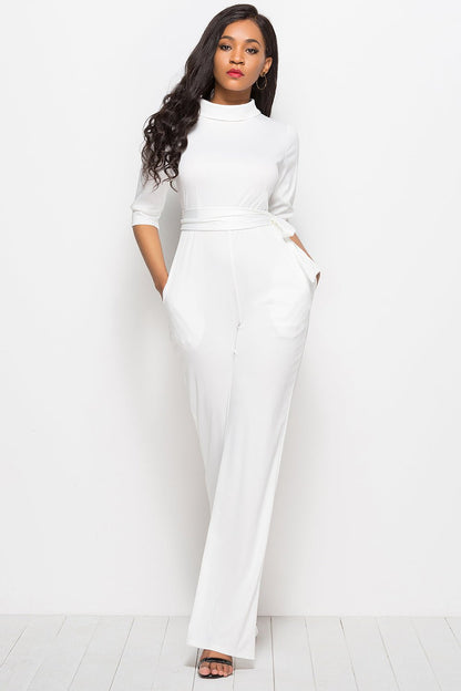 Mock Neck Tie - Waist Half Sleeve Jumpsuit - TayDiane