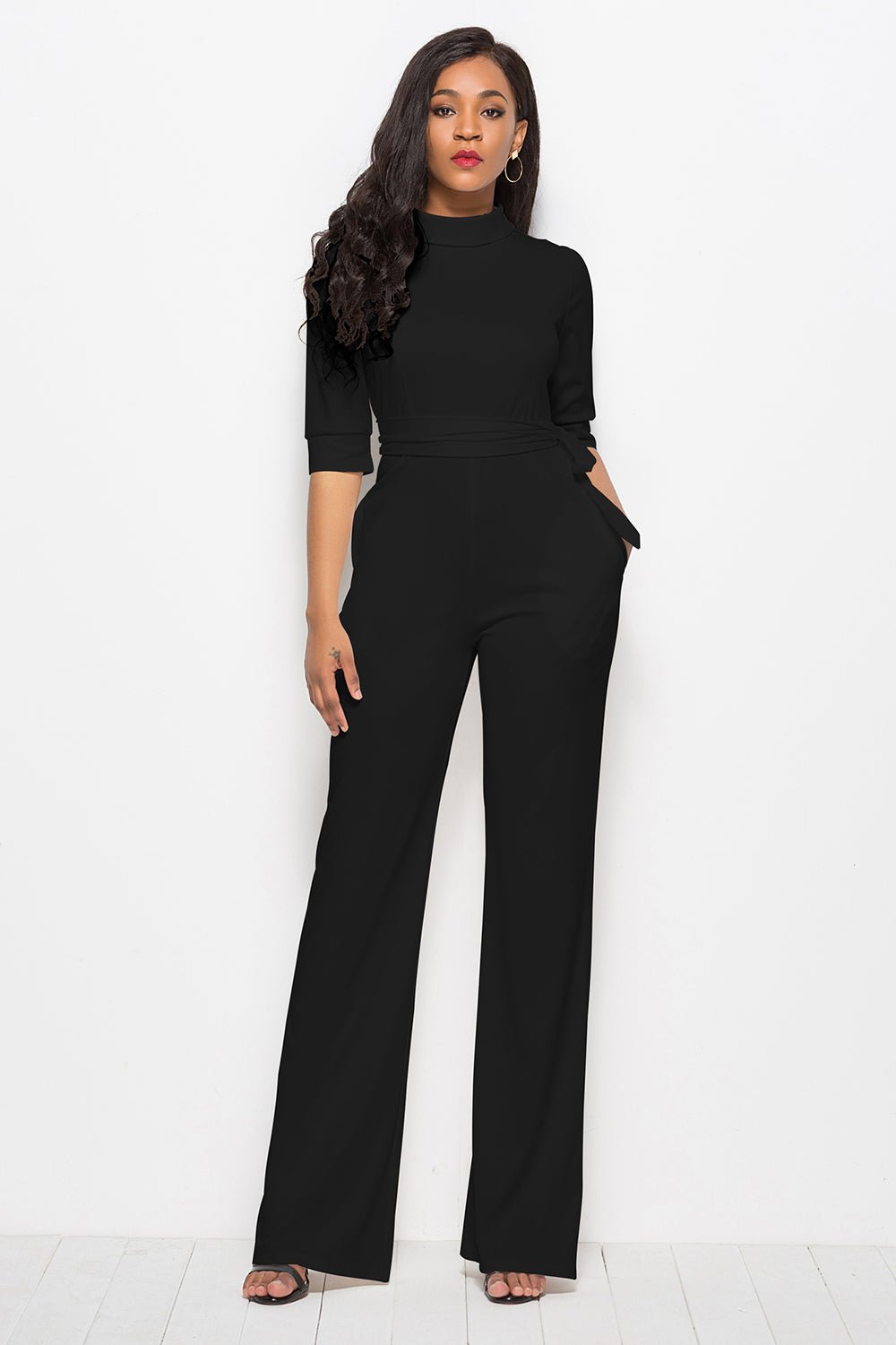 Mock Neck Tie - Waist Half Sleeve Jumpsuit - TayDiane