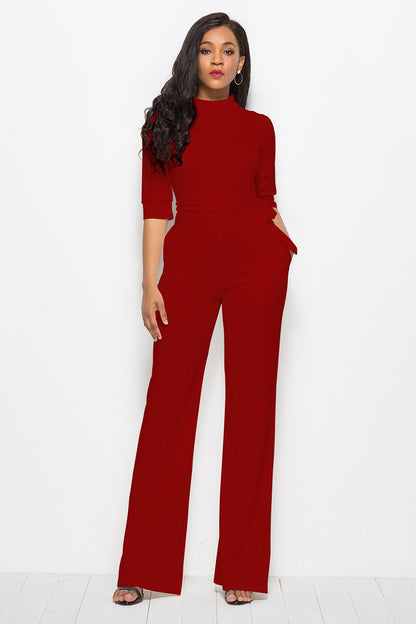 Mock Neck Tie - Waist Half Sleeve Jumpsuit - TayDiane