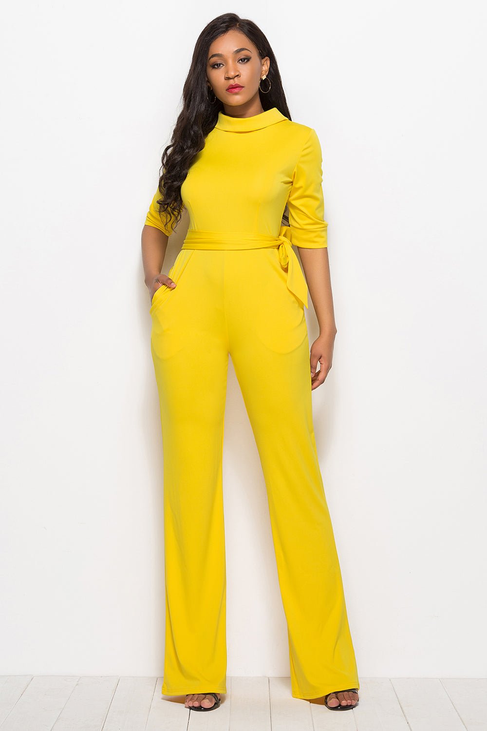 Mock Neck Tie - Waist Half Sleeve Jumpsuit - TayDiane