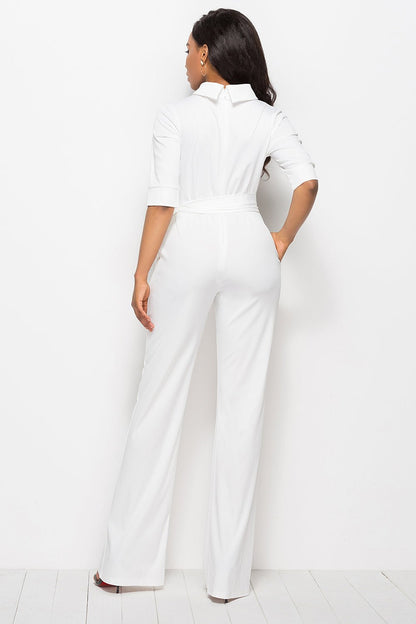 Mock Neck Tie - Waist Half Sleeve Jumpsuit - TayDiane