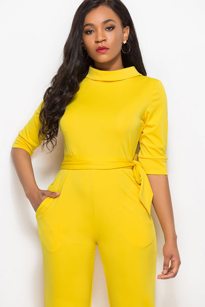 Mock Neck Tie - Waist Half Sleeve Jumpsuit - TayDiane