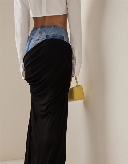 Modern Deconstruction High Waist Skirt Women Spring Black Color Pleats Stitching Design Long Denim Skirt - TayDiane