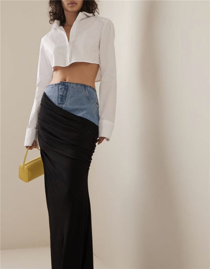 Modern Deconstruction High Waist Skirt Women Spring Black Color Pleats Stitching Design Long Denim Skirt - TayDiane