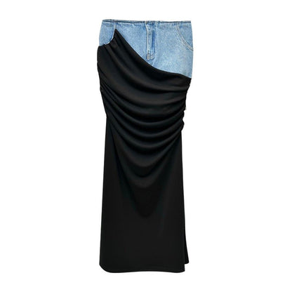 Modern Deconstruction High Waist Skirt Women Spring Black Color Pleats Stitching Design Long Denim Skirt - TayDiane