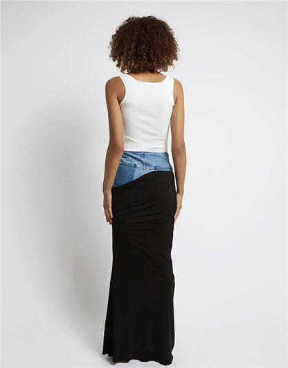 Modern Deconstruction High Waist Skirt Women Spring Black Color Pleats Stitching Design Long Denim Skirt - TayDiane