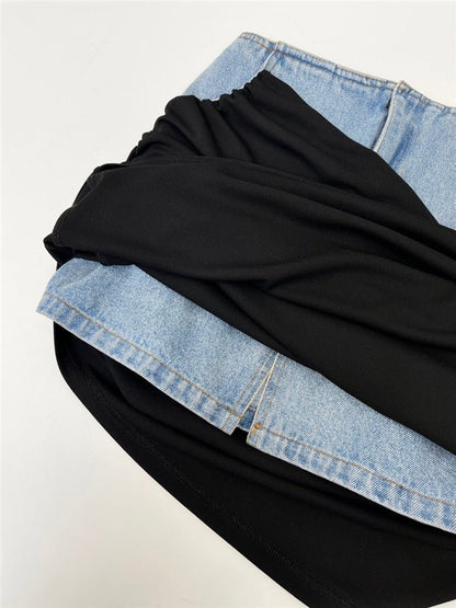 Modern Deconstruction High Waist Skirt Women Spring Black Color Pleats Stitching Design Long Denim Skirt - TayDiane