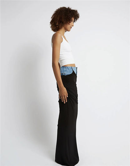 Modern Deconstruction High Waist Skirt Women Spring Black Color Pleats Stitching Design Long Denim Skirt - TayDiane