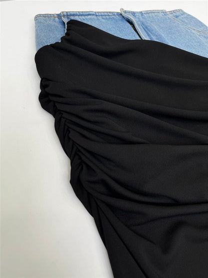 Modern Deconstruction High Waist Skirt Women Spring Black Color Pleats Stitching Design Long Denim Skirt - TayDiane