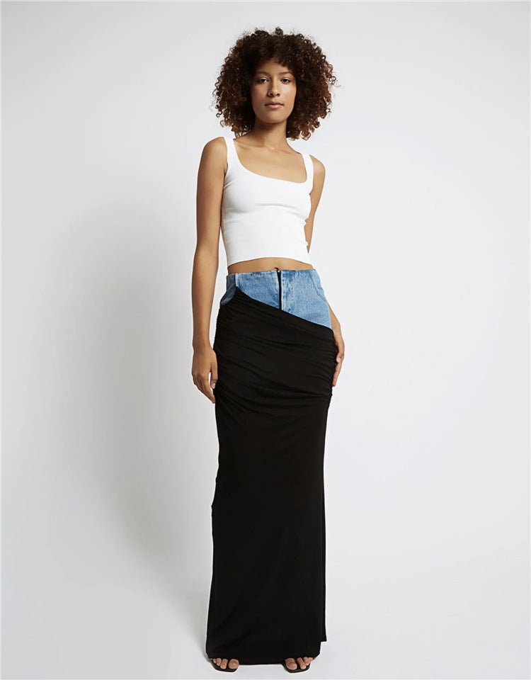 Modern Deconstruction High Waist Skirt Women Spring Black Color Pleats Stitching Design Long Denim Skirt - TayDiane