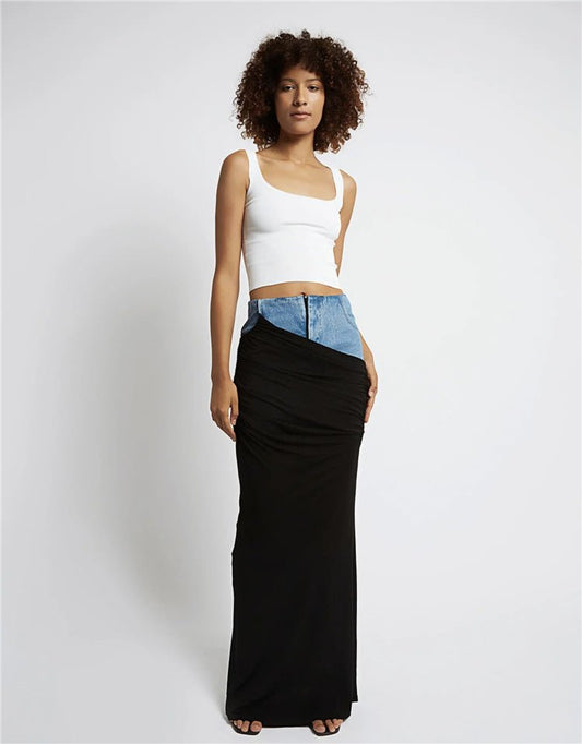 Modern Deconstruction High Waist Skirt Women Spring Black Color Pleats Stitching Design Long Denim Skirt - TayDiane