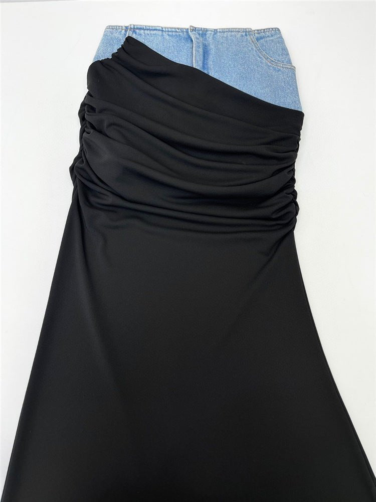 Modern Deconstruction High Waist Skirt Women Spring Black Color Pleats Stitching Design Long Denim Skirt - TayDiane