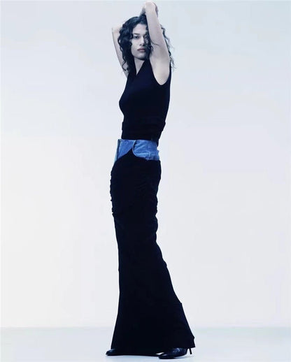 Modern Deconstruction High Waist Skirt Women Spring Black Color Pleats Stitching Design Long Denim Skirt - TayDiane