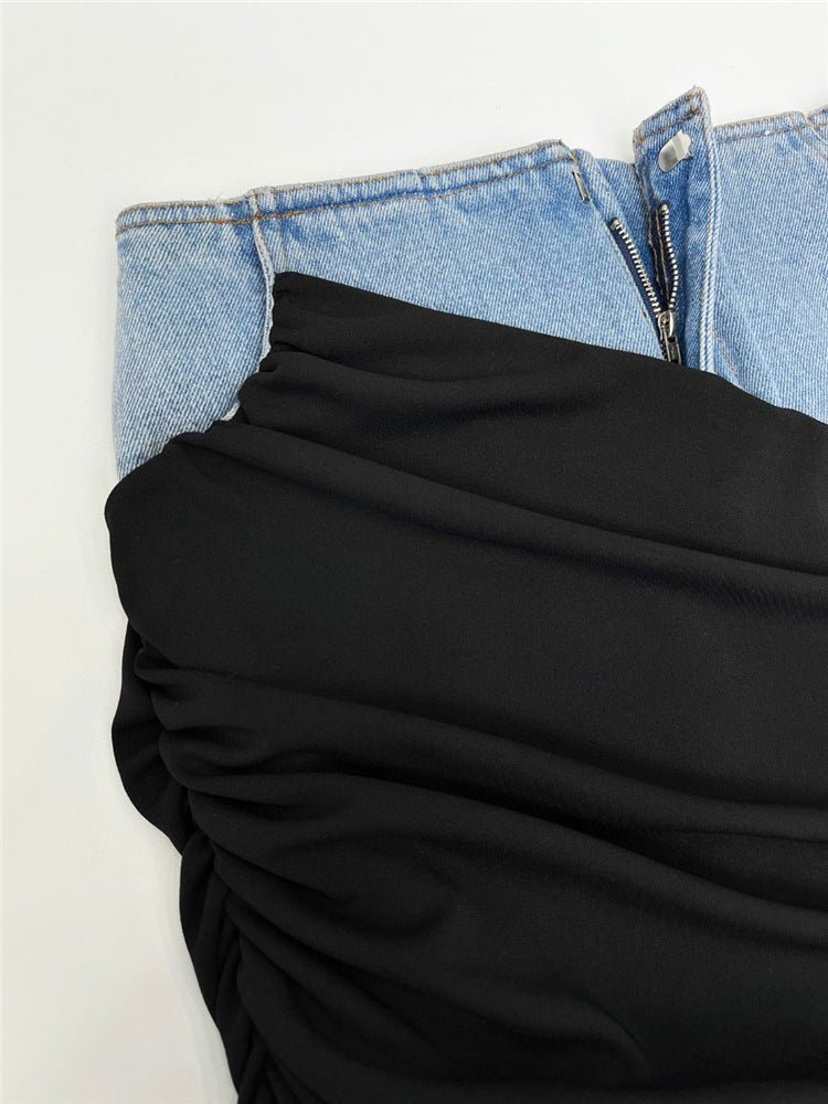 Modern Deconstruction High Waist Skirt Women Spring Black Color Pleats Stitching Design Long Denim Skirt - TayDiane