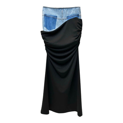 Modern Deconstruction High Waist Skirt Women Spring Black Color Pleats Stitching Design Long Denim Skirt - TayDiane