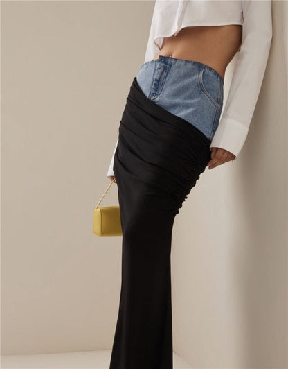 Modern Deconstruction High Waist Skirt Women Spring Black Color Pleats Stitching Design Long Denim Skirt - TayDiane