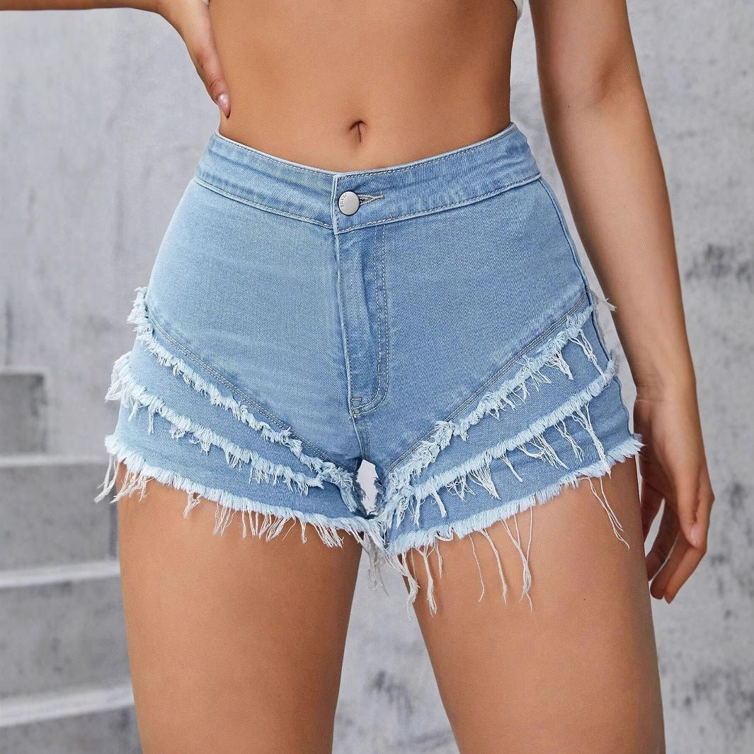 Multi Layer Frayed Stretch Denim Shorts - TayDiane