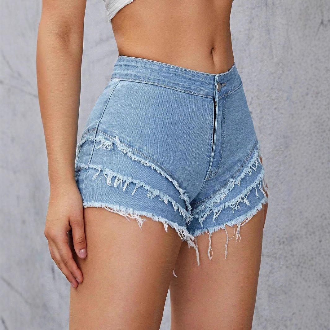 Multi Layer Frayed Stretch Denim Shorts - TayDiane