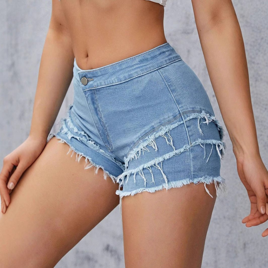 Multi Layer Frayed Stretch Denim Shorts - TayDiane