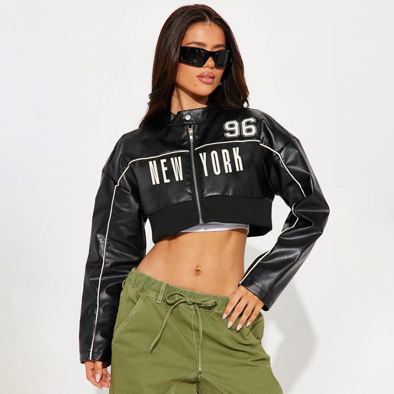New York Graphic Cropped Faux Leather Jacket - TayDiane