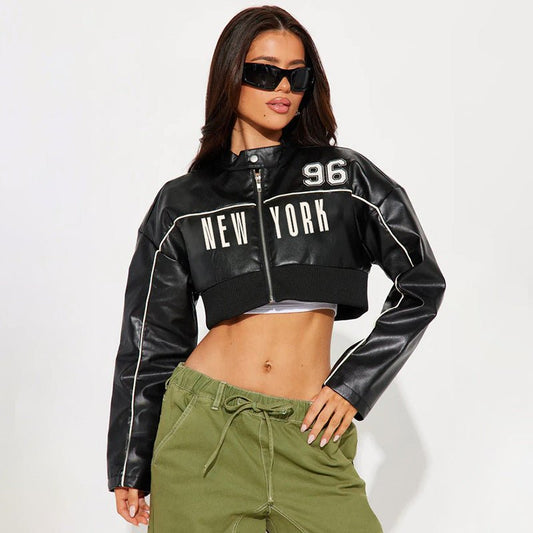 New York Graphic Cropped Faux Leather Jacket - TayDiane