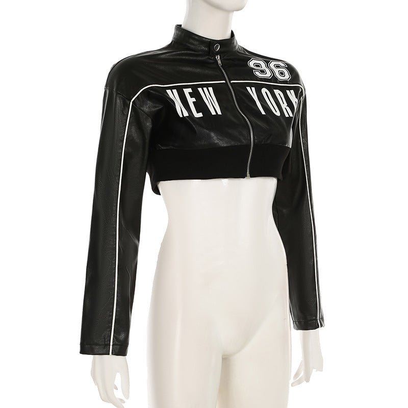 New York Graphic Cropped Faux Leather Jacket - TayDiane