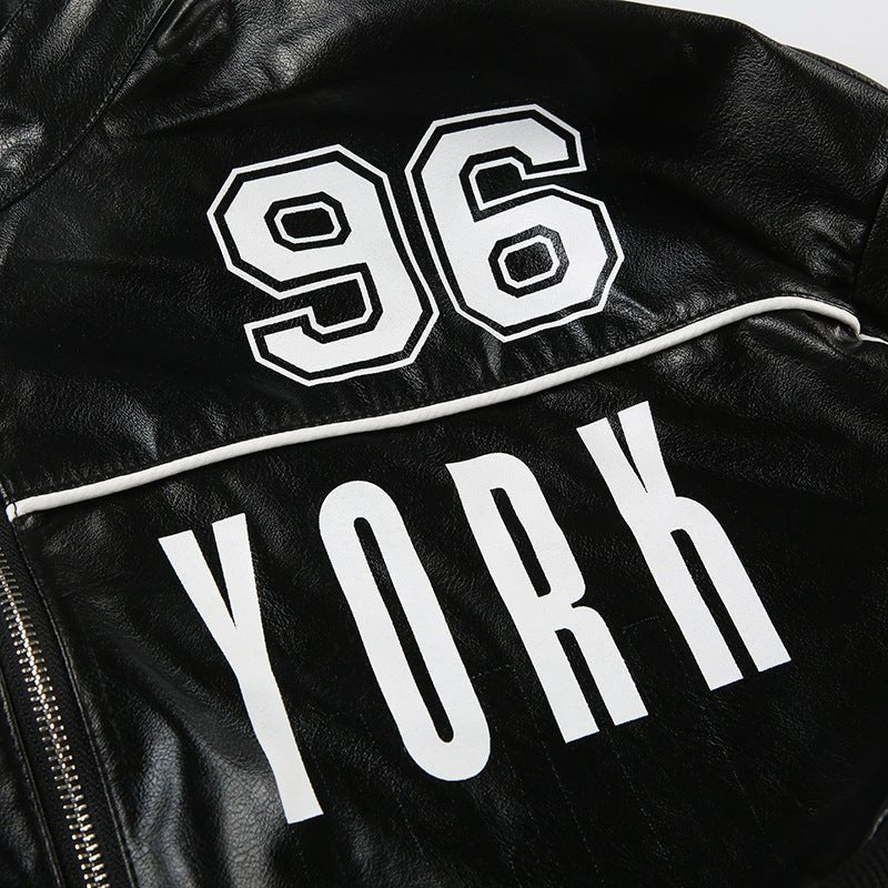 New York Graphic Cropped Faux Leather Jacket - TayDiane