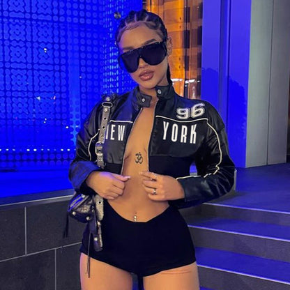 New York Graphic Cropped Faux Leather Jacket - TayDiane