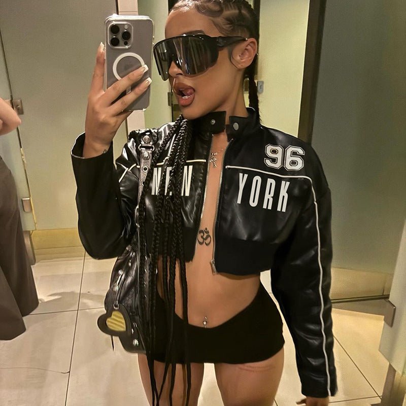 New York Graphic Cropped Faux Leather Jacket - TayDiane