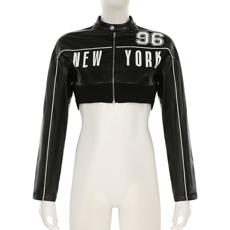 New York Graphic Cropped Faux Leather Jacket - TayDiane