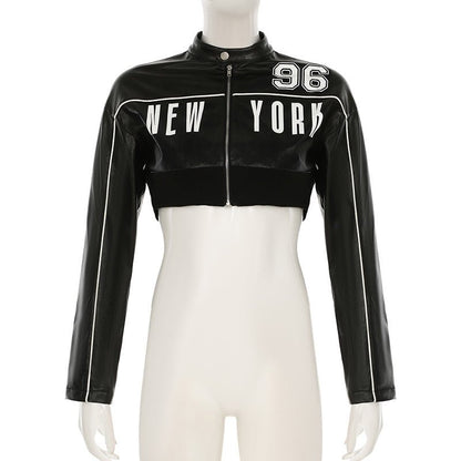 New York Graphic Cropped Faux Leather Jacket - TayDiane