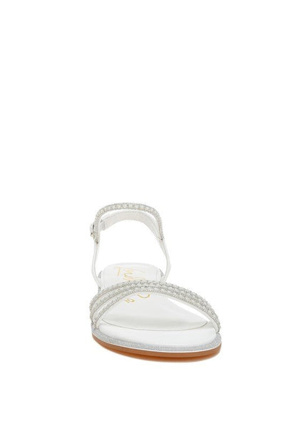 Nobbity Rhinestone Pearl Detail Flat Sandals - TayDiane