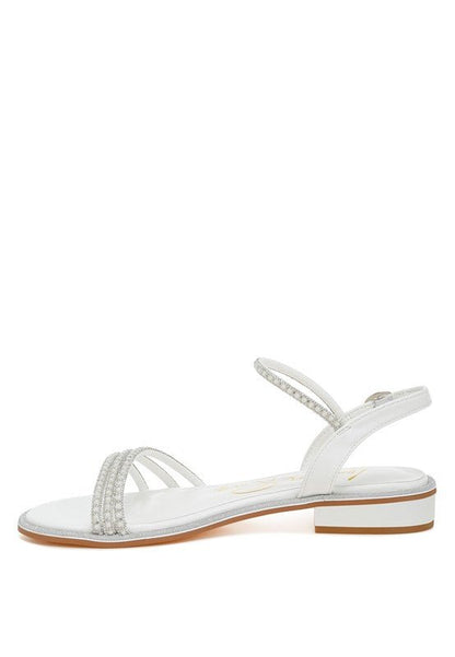 Nobbity Rhinestone Pearl Detail Flat Sandals - TayDiane