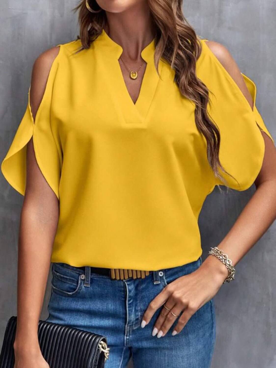 Notched Cold Shoulder Half Sleeve Blouse - TayDiane