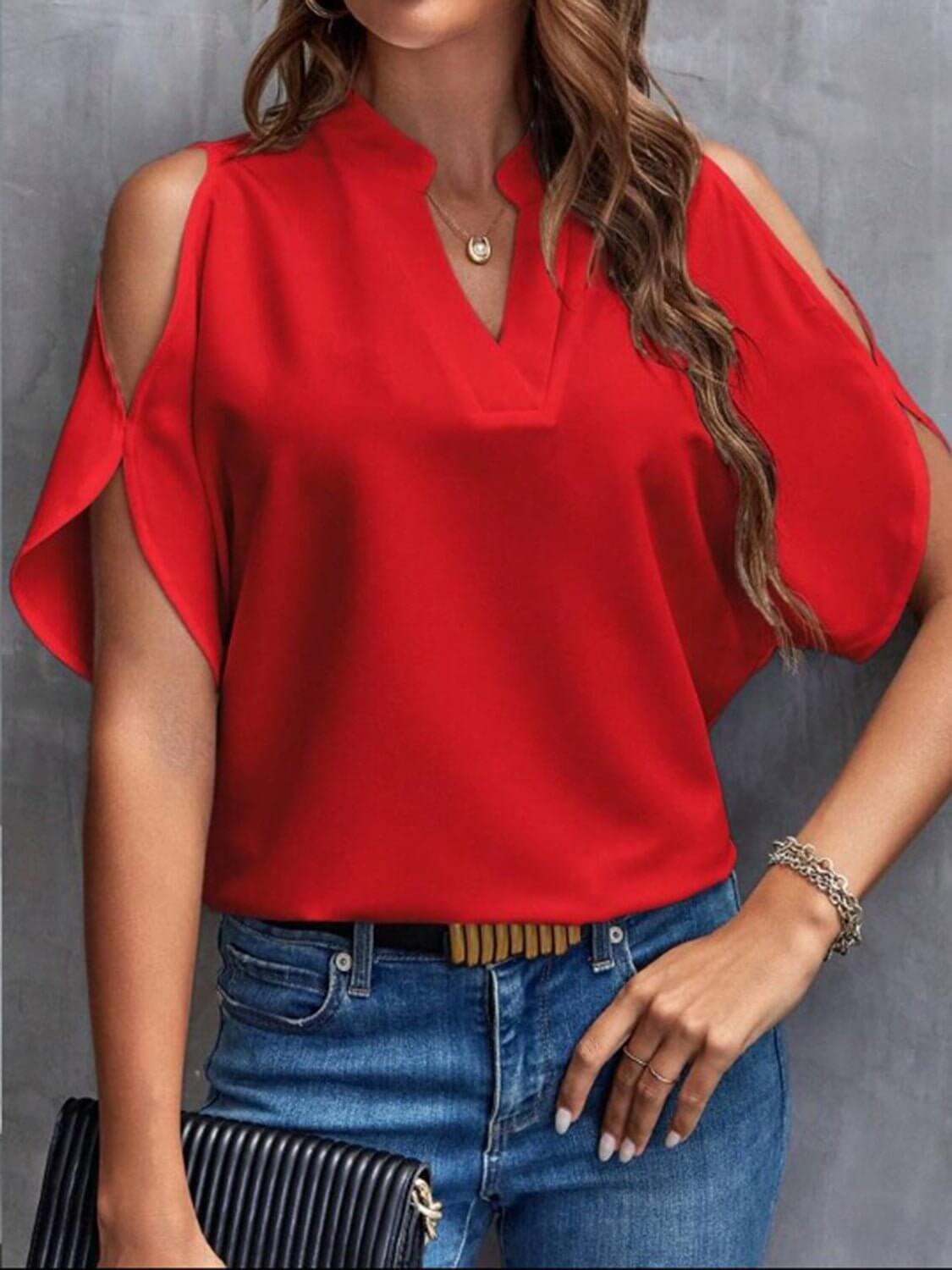 Notched Cold Shoulder Half Sleeve Blouse - TayDiane