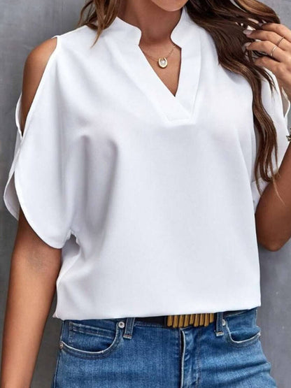 Notched Cold Shoulder Half Sleeve Blouse - TayDiane